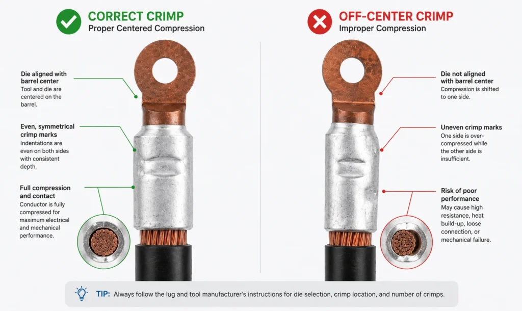 cable lug correct vs off center crimp guide