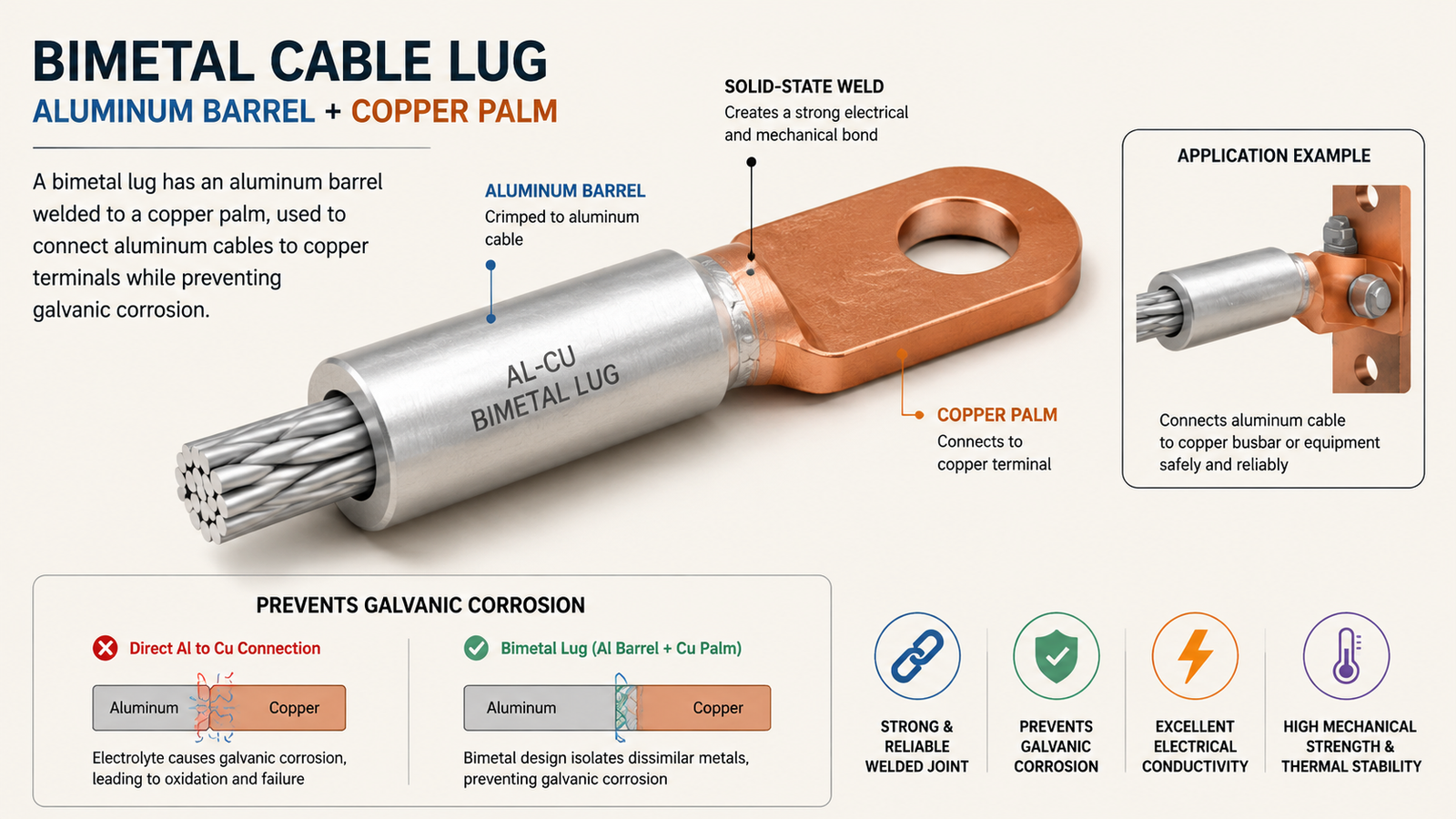 Bimetal cable lug with aluminum barrel and copper palm preventing galvanic corrosion