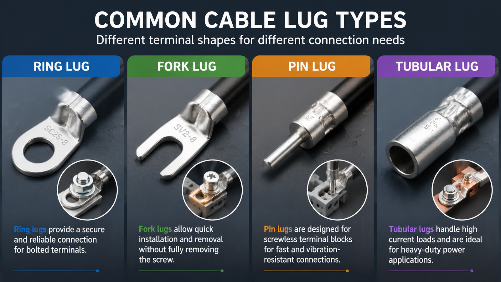Close-up comparison of common cable lug types: ring, fork, pin, and tubular cable lugs