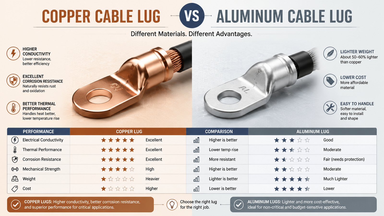 Side-by-side comparison of a copper cable lug and an aluminum cable lug