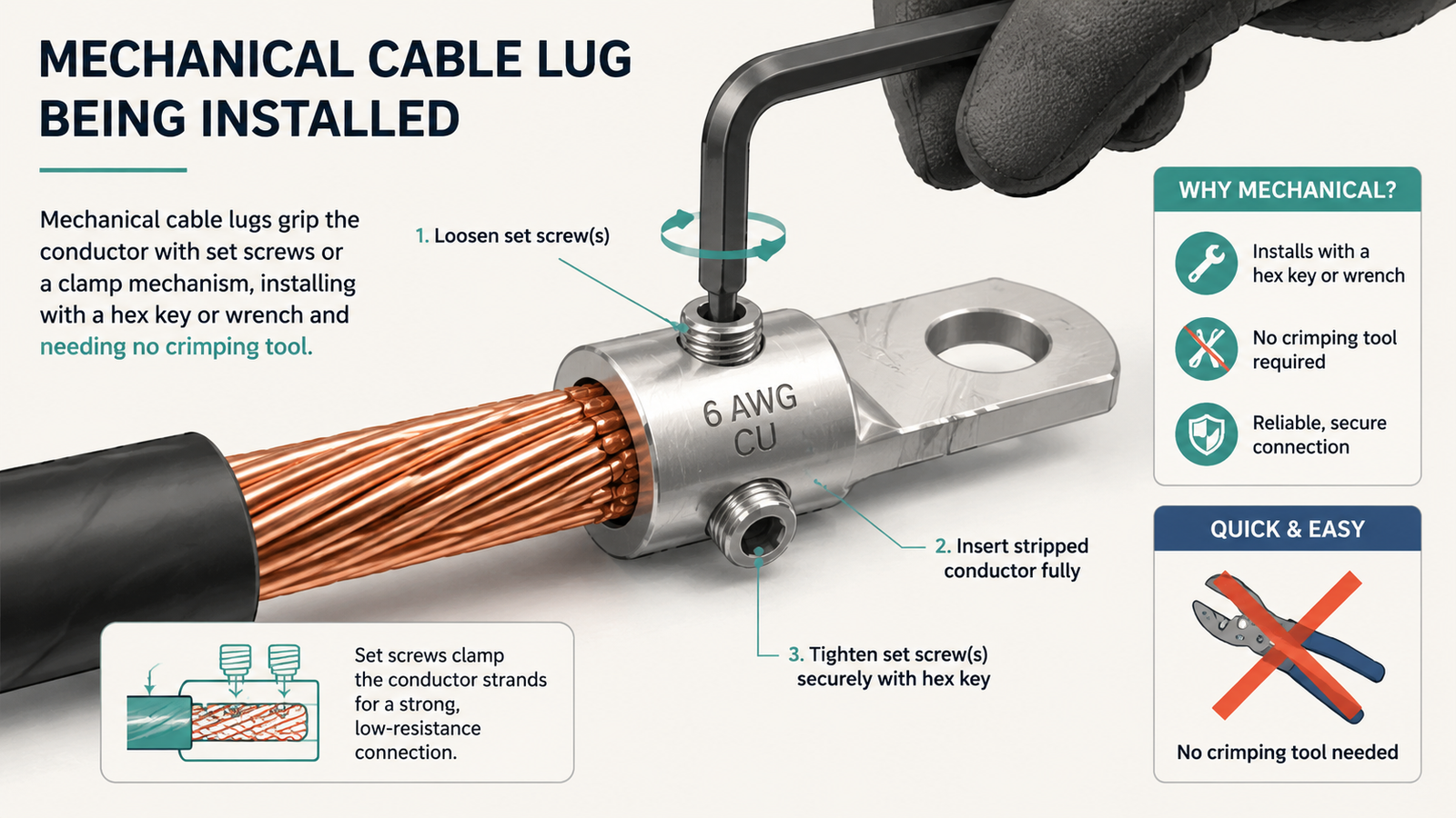 Mechanical cable lug being installed on a stripped copper conductor with a hex key