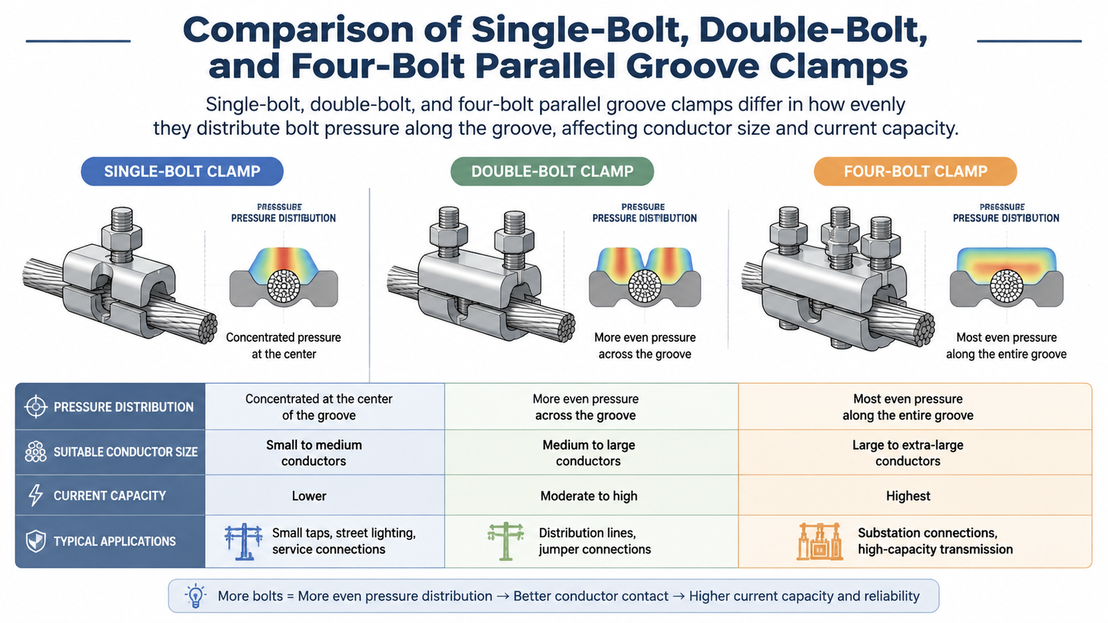 Comparison of single-bolt, double-bolt, and four-bolt parallel groove clamps