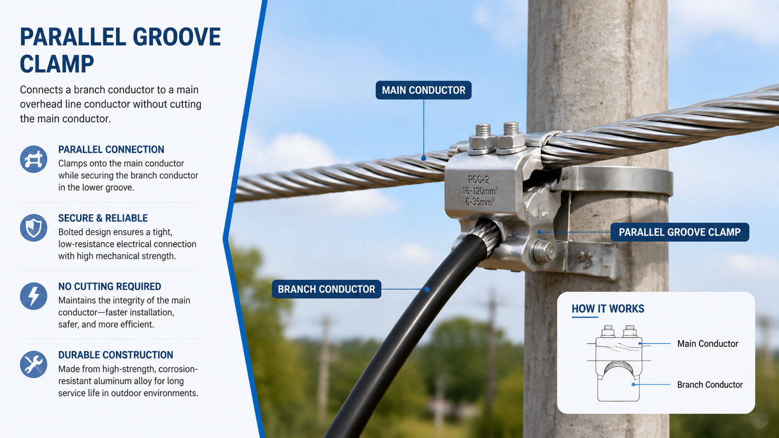 Parallel groove clamp connecting a branch conductor to a main overhead line conductor on a utility pole
