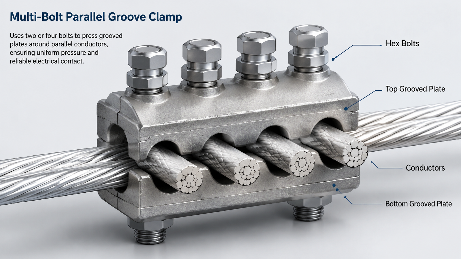 Close-up of a multi-bolt parallel groove clamp with conductors secured in the grooves