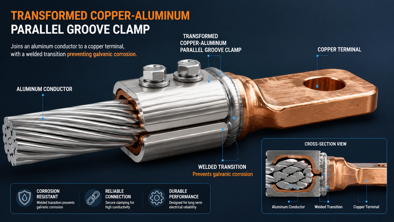 Transformed copper-aluminum parallel groove clamp joining an aluminum conductor to a copper terminal