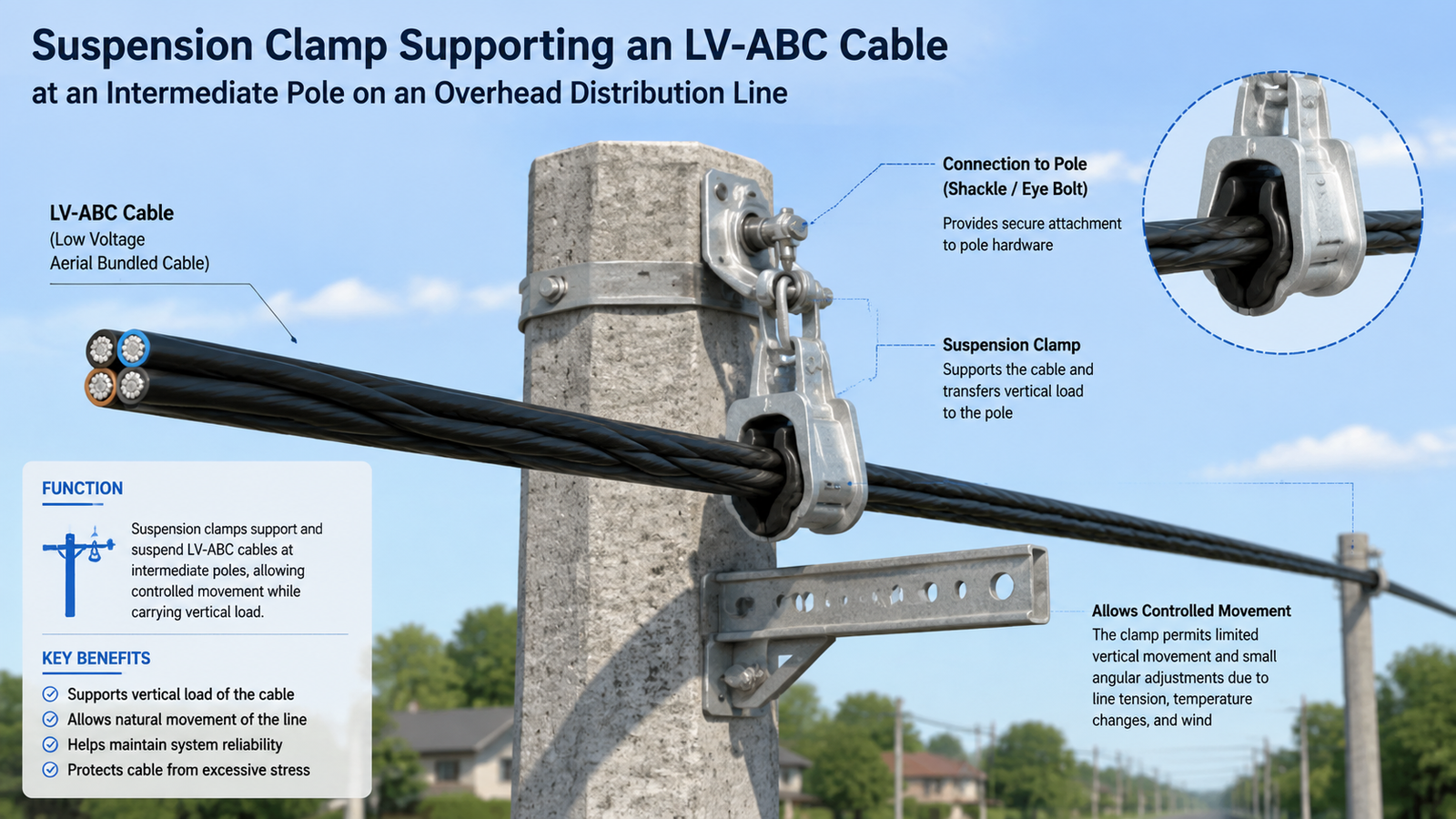 Suspension clamp supporting an LV-ABC cable at an intermediate pole on an overhead distribution line