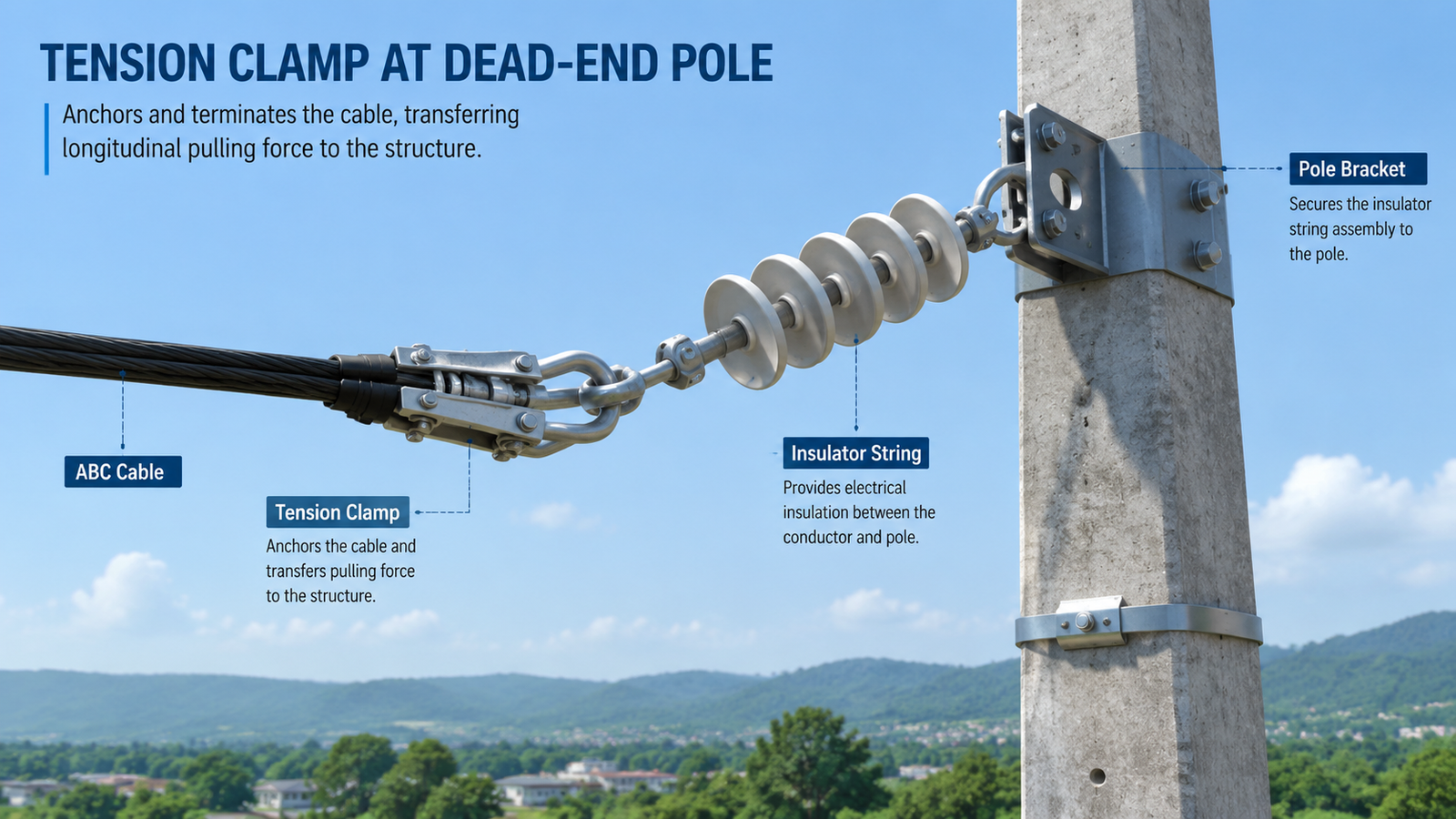 Tension clamp anchoring a cable end at a dead-end pole with an insulator string
