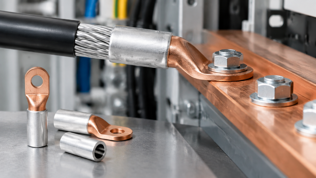 Bimetallic cable lug with aluminum barrel and copper palm for aluminum cable termination