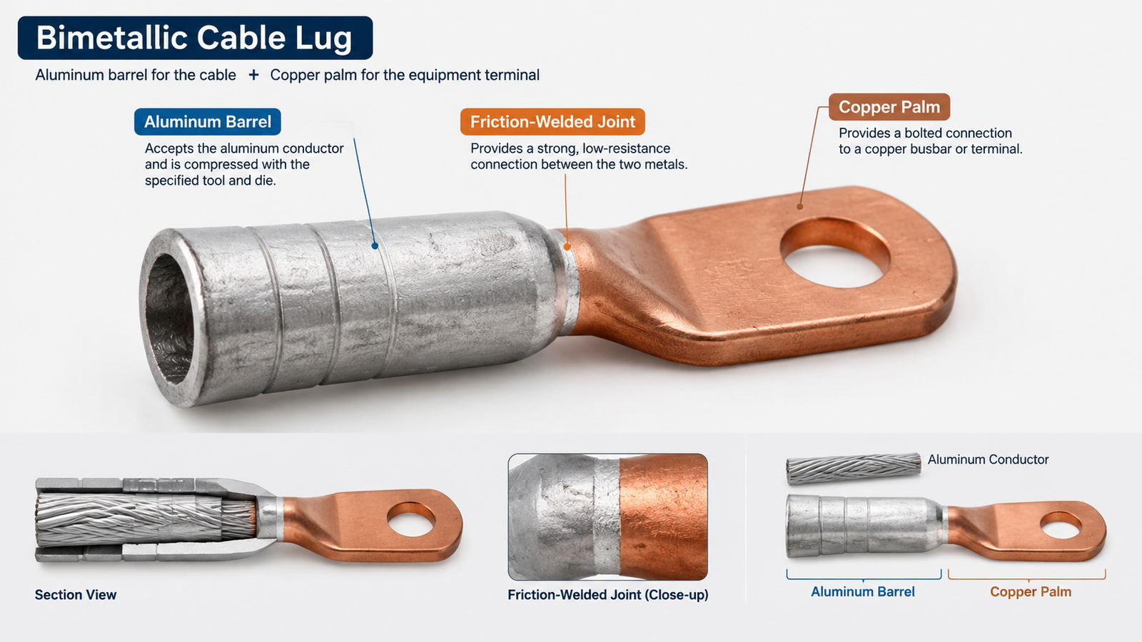 Bimetallic cable lug with aluminum barrel and copper palm for aluminum cable termination