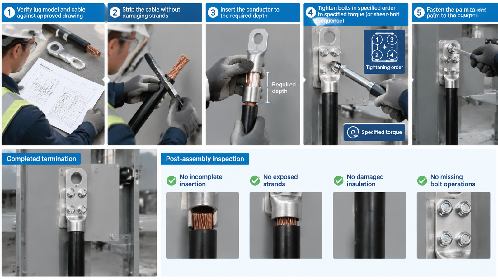 Installer tightening the bolts of a mechanical cable lug and inspecting the completed termination