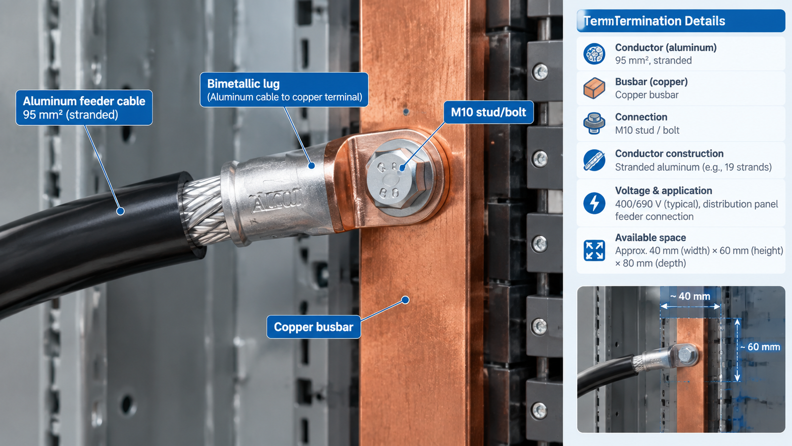 Aluminum feeder cable terminated with a bimetallic lug on a copper busbar