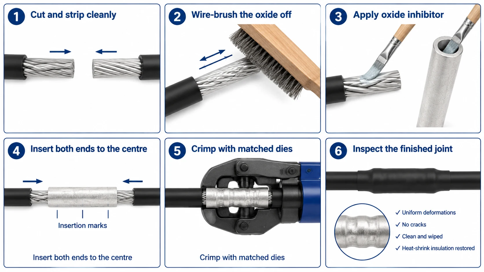 Step-by-step illustration of making a compression joint on an aluminum conductor: brushing the conductor to remove oxide, applying oxide inhibitor, inserting both conductor ends into an aluminum connecting tube, crimping with matched dies, and inspecting the finished joint