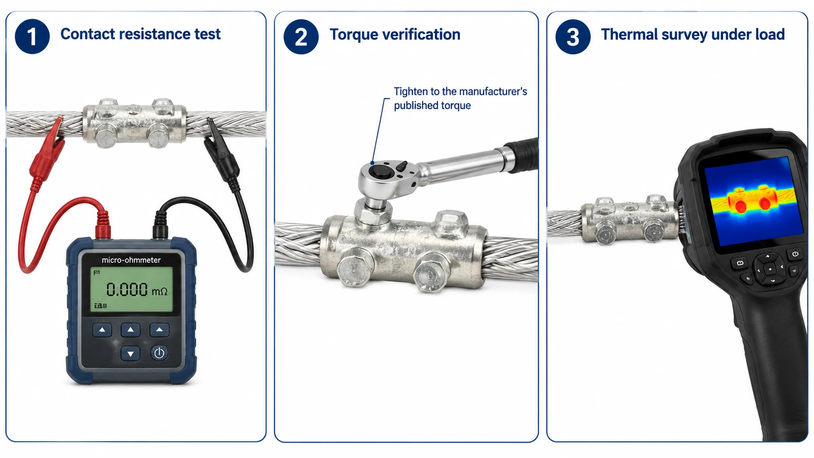 Three verification checks on a finished aluminum cable joint: micro-ohmmeter contact resistance measurement across the joint, torque verification on the mechanical splice bolts, and a thermal imaging survey of the joint under load
