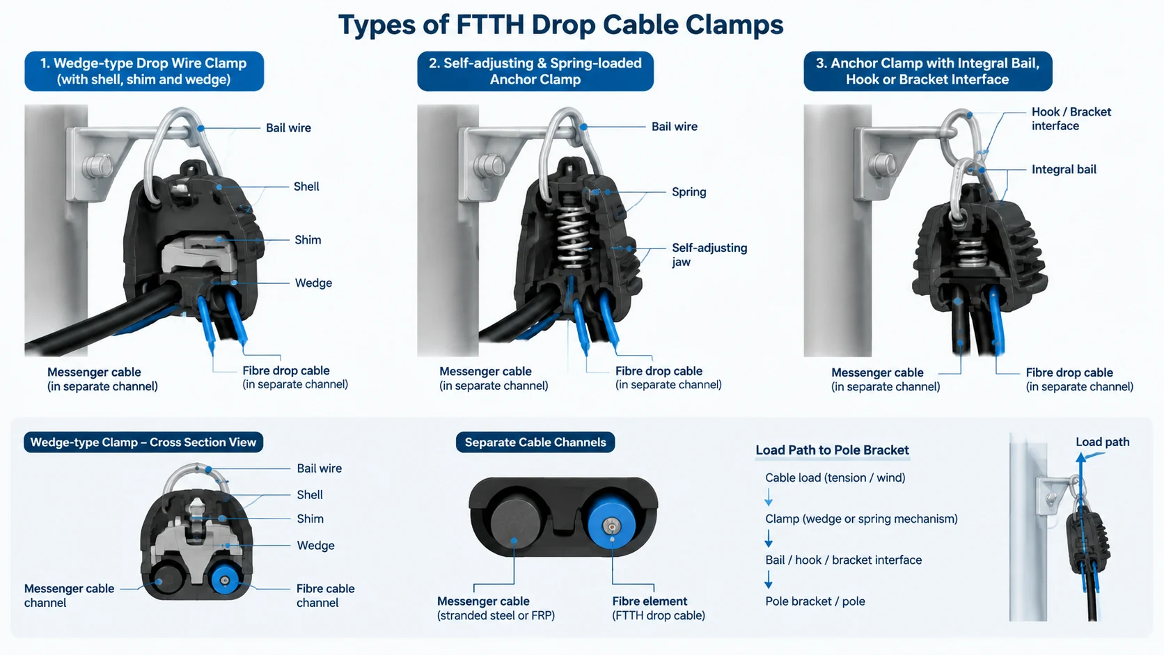 Diagram comparing wedge-type and self-adjusting FTTH drop cable clamps, showing the shell, shim, wedge, bail wire, and separate cable channels for messenger and fibre element